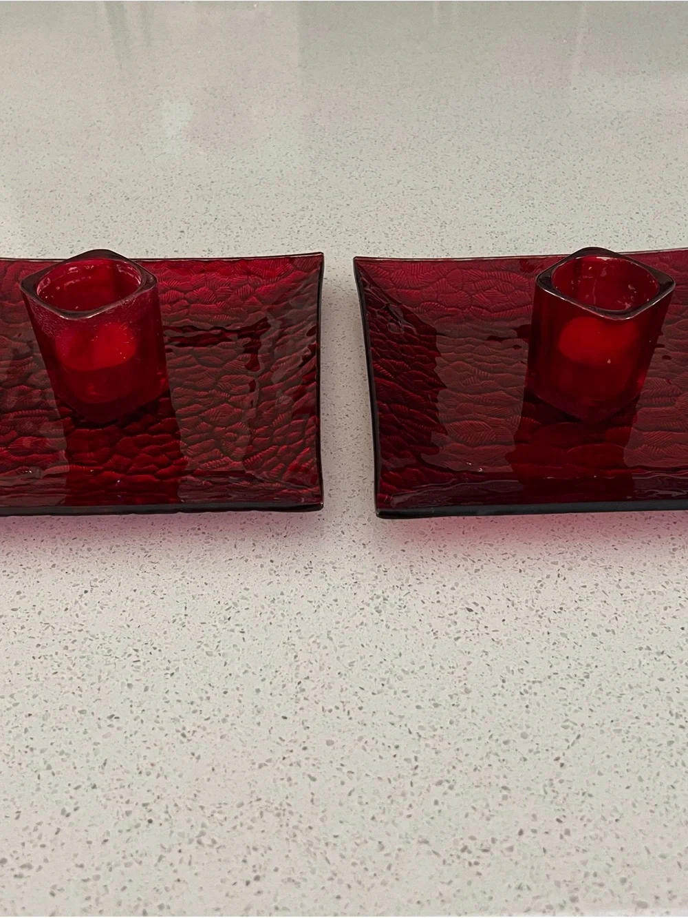 Set of (2) Ruby Red Textured Glass Decorative Plates - Coffee Table Accent Decor